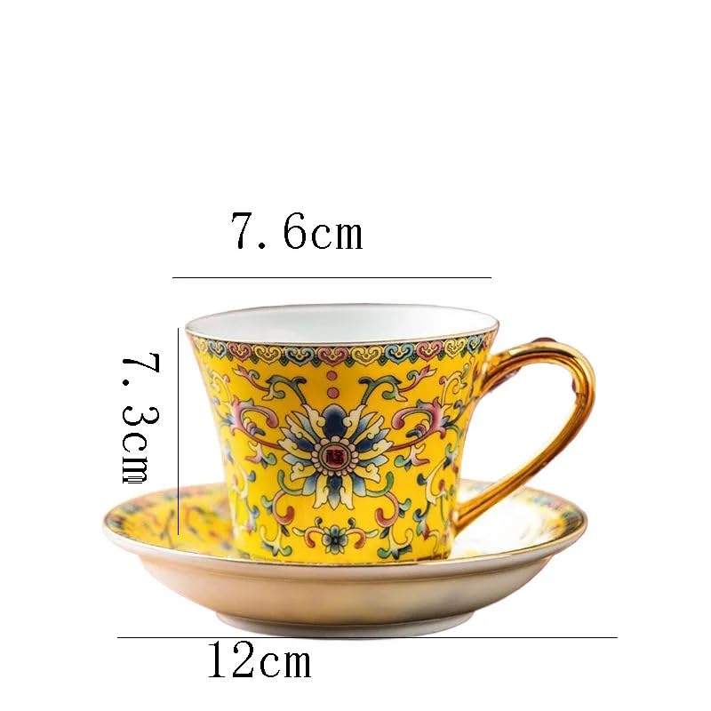 Vintage Floral Tea Cup and Saucer Set, Yellow with Gold Handle, 4-Piece Set O655071