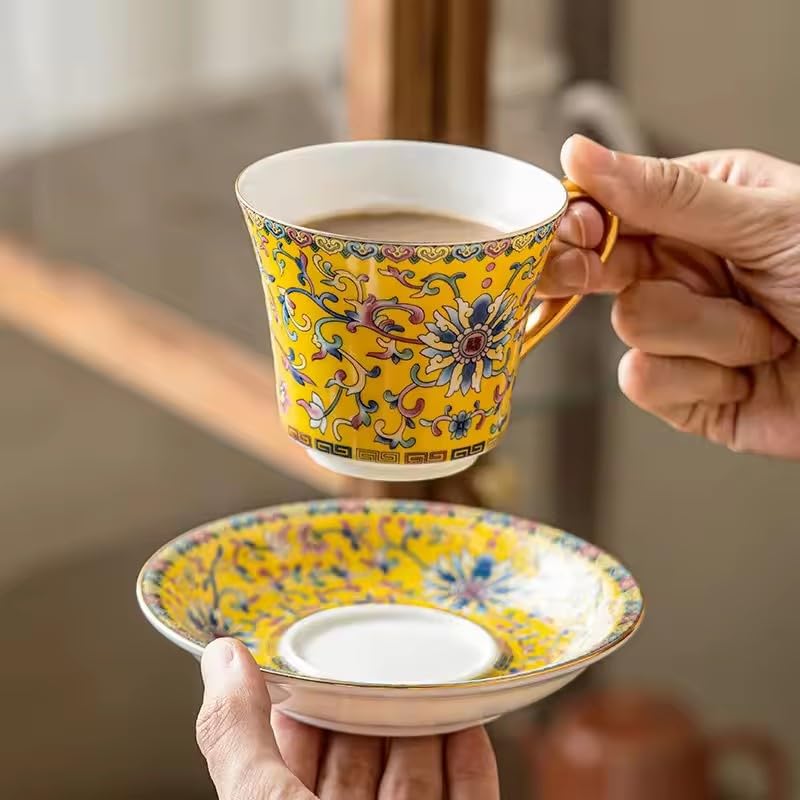 Vintage Floral Tea Cup and Saucer Set, Yellow with Gold Handle, 4-Piece Set O655071