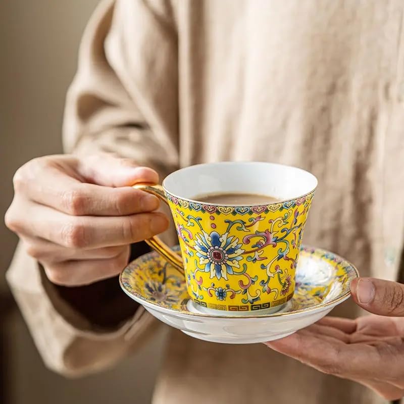 Vintage Floral Tea Cup and Saucer Set, Yellow with Gold Handle, 4-Piece Set O655071