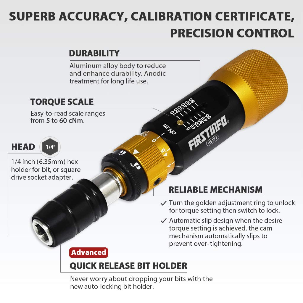 Certified Torque Limiting Screwdriver, 5-60 cNm, 1/4" Hex A917