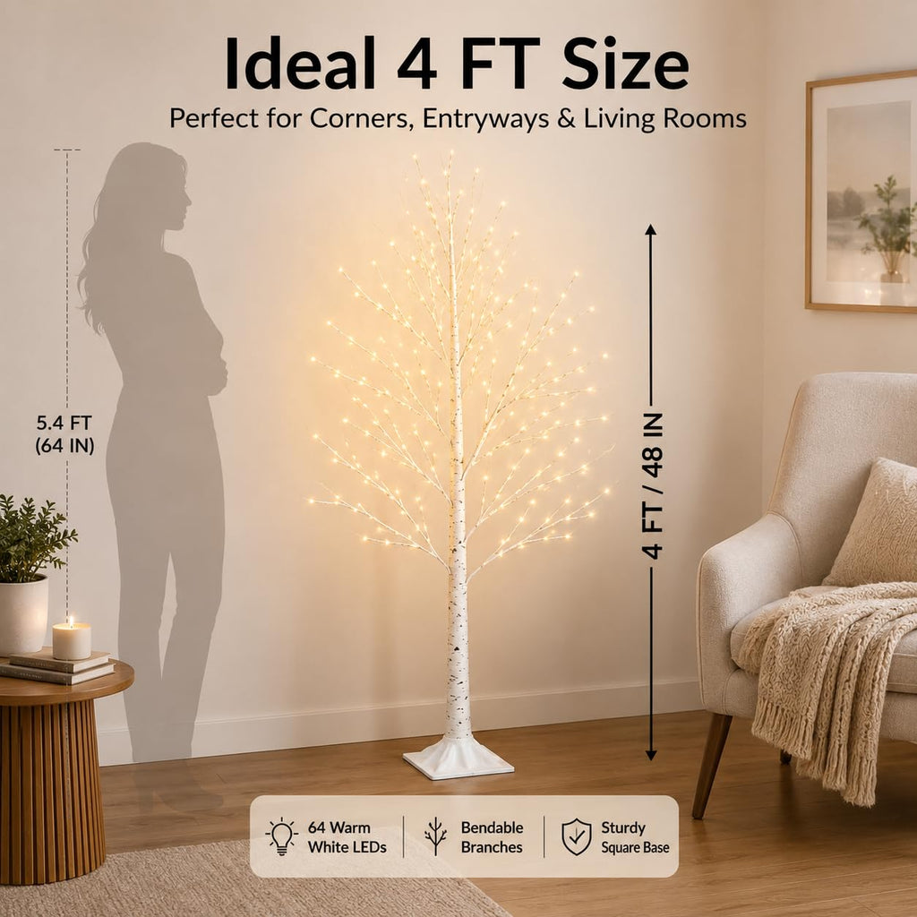4FT 64 LEDs Birch Tree with Lights I69172