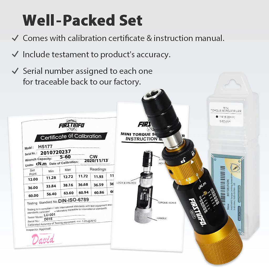 Certified Torque Limiting Screwdriver, 5-60 cNm, 1/4" Hex A917