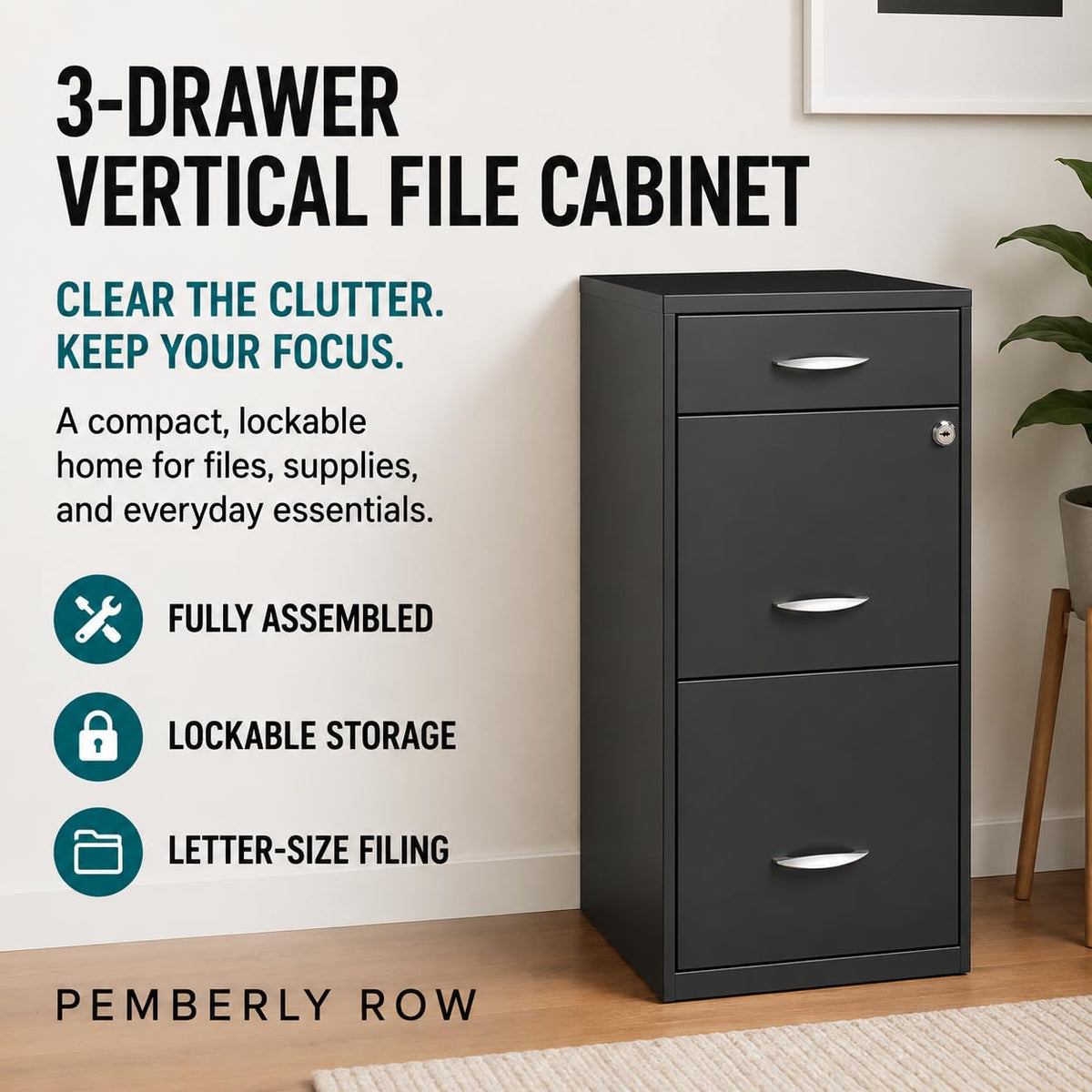 Charcoal Metal 3 Drawer Vertical Filing Cabinet V450933
