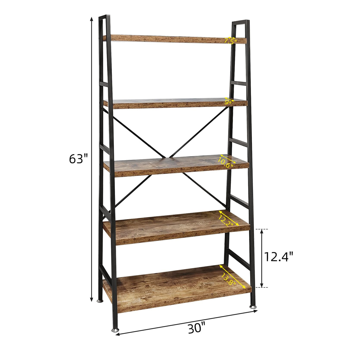 5 Tier Rustic Brown Wood and Metal Bookshelf P105928
