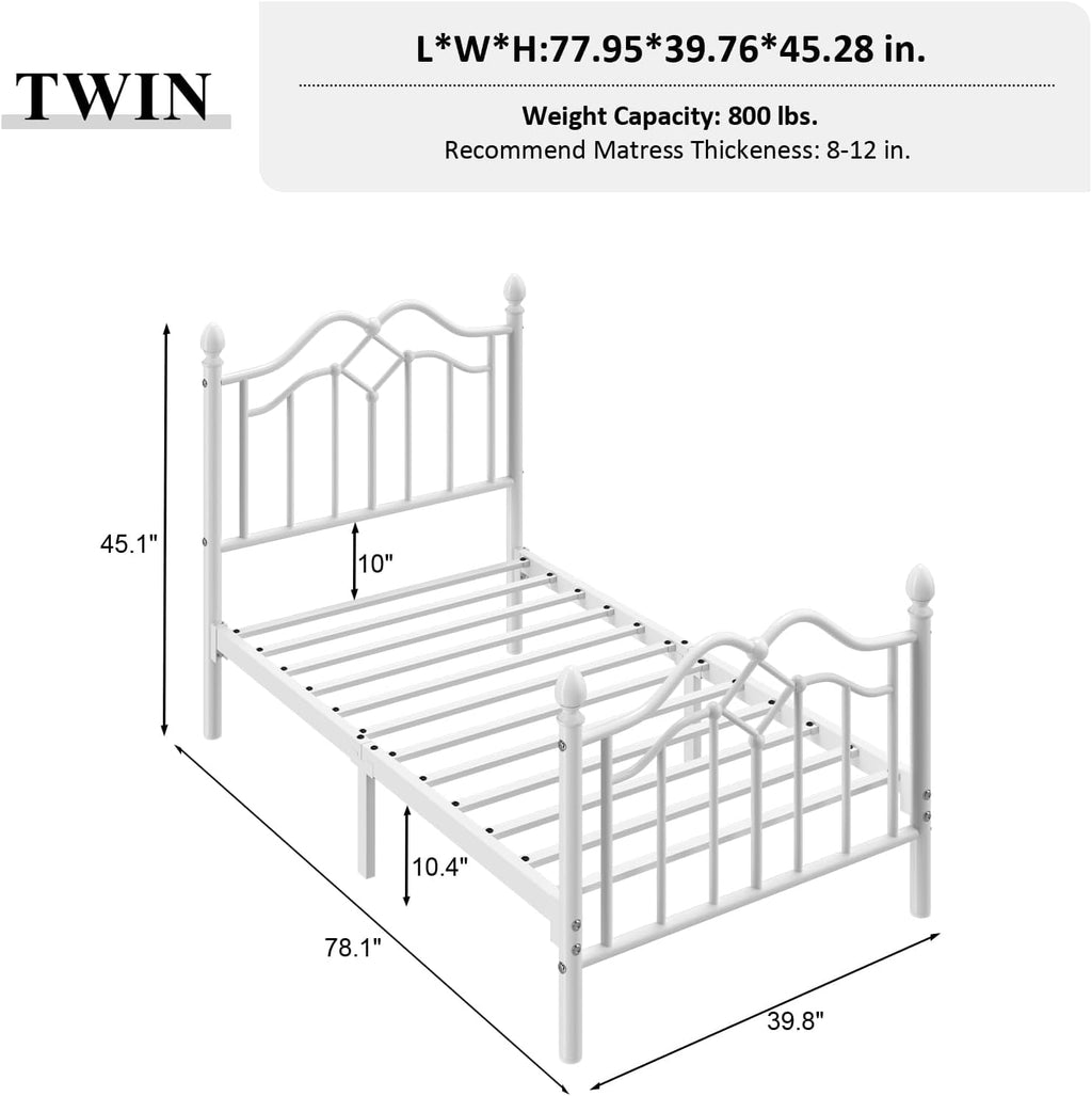 White Twin Metal Bed Frame with Headboard and Footboard F295958