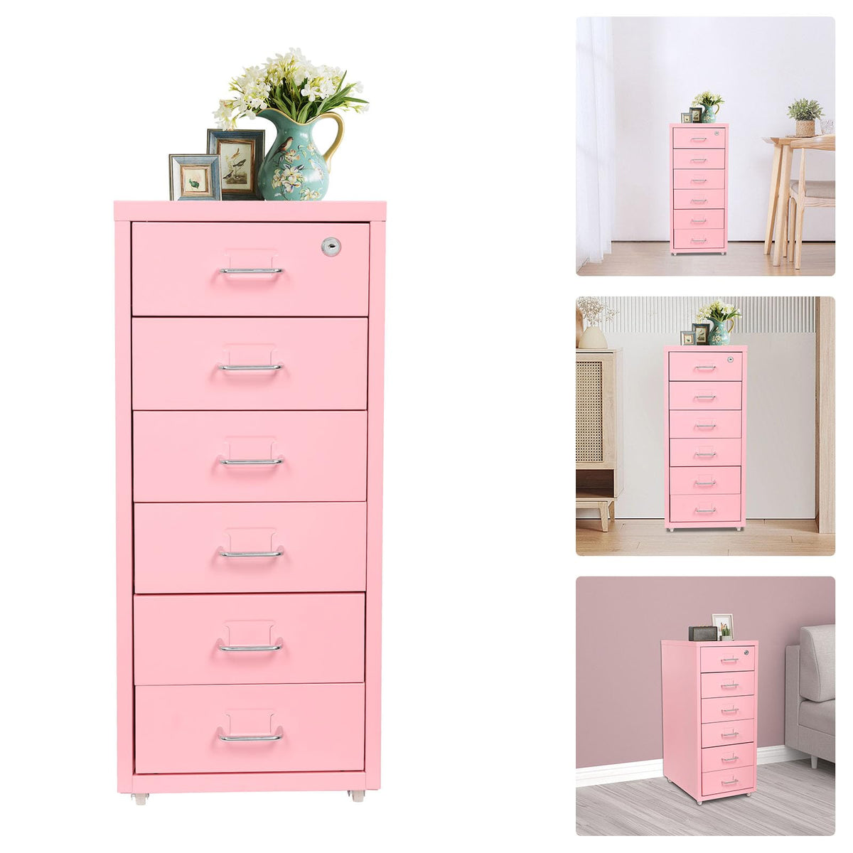 6 Drawer Lockable Metal Mobile File Cabinet with 4 Wheels O6431