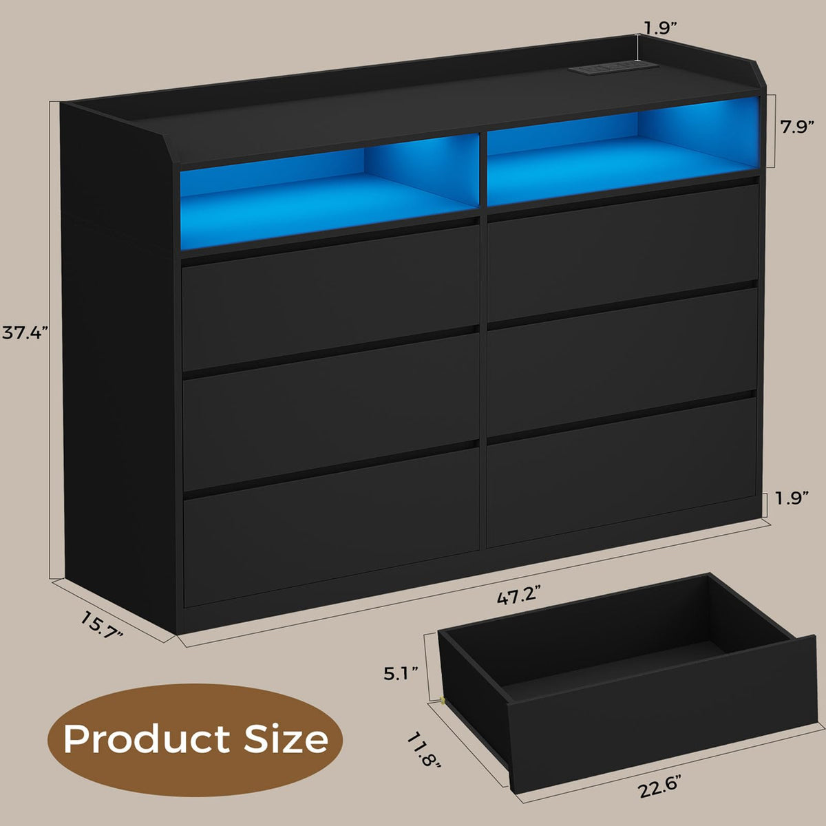 Black Dresser with LED Lights and Power Strip Y329811