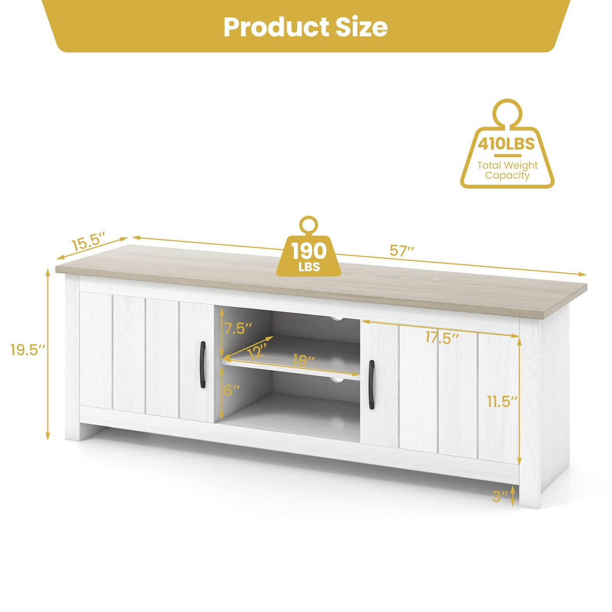 2 Doors TV Stand with 2 Cabinets & Open Shelves X648076