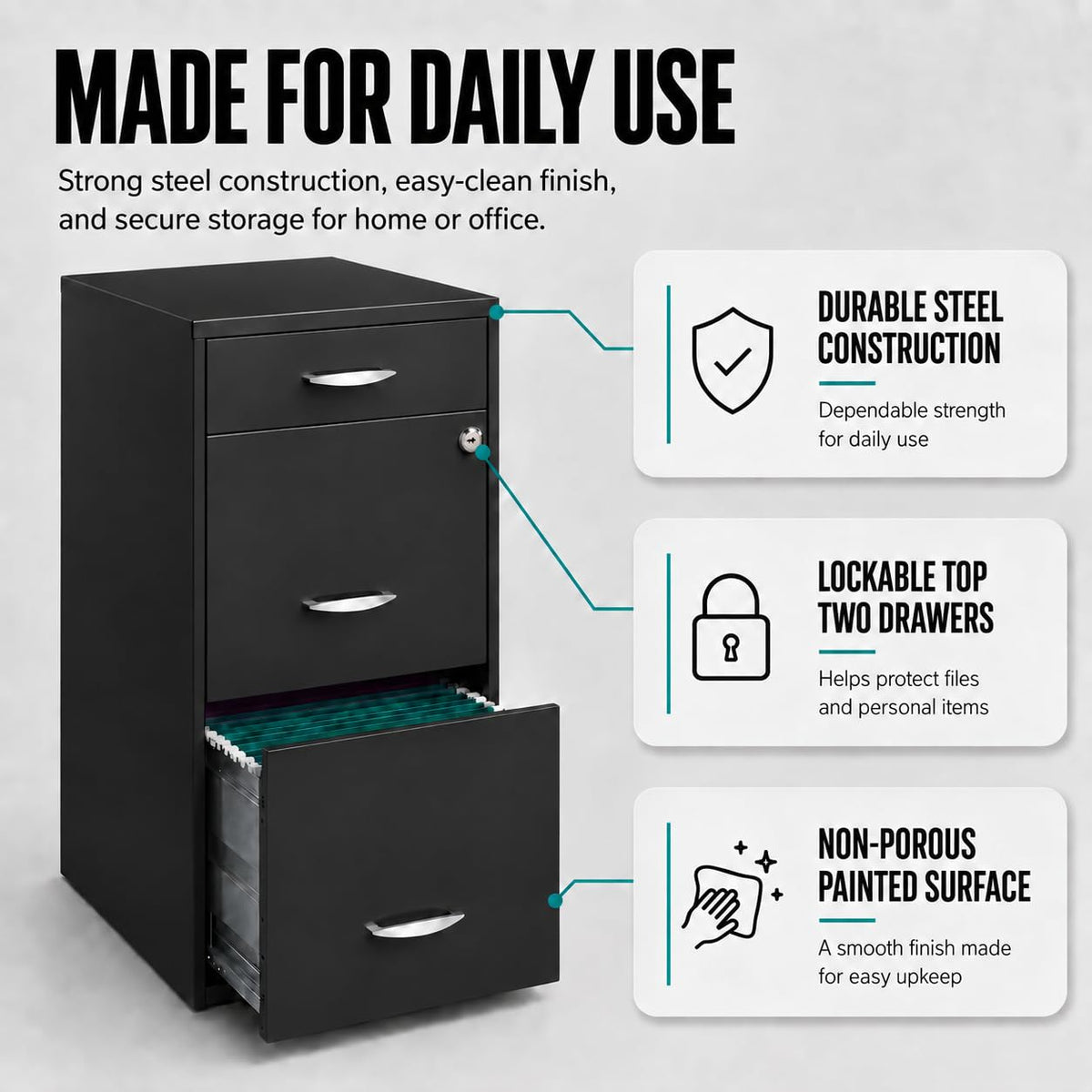 Charcoal Metal 3 Drawer Vertical Filing Cabinet V450933
