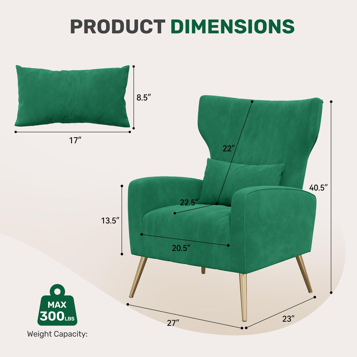 Velvet Accent Chairs Set of 2 High Back Armchair with Lumbar Pillow Green V50211