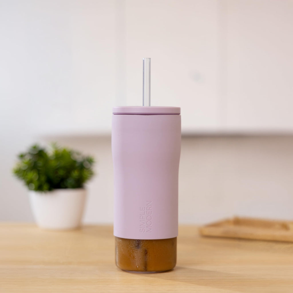 Glass Iced Coffee Cup with Straw Lid 20oz Beige V630311