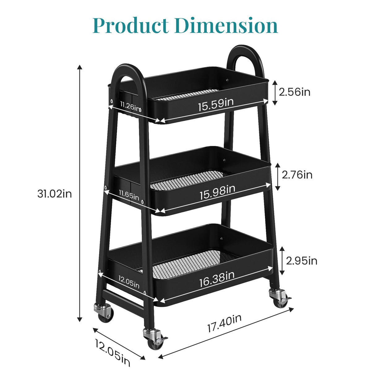 3-Tier Metal Rolling Utility Cart with Lockable Wheels T885