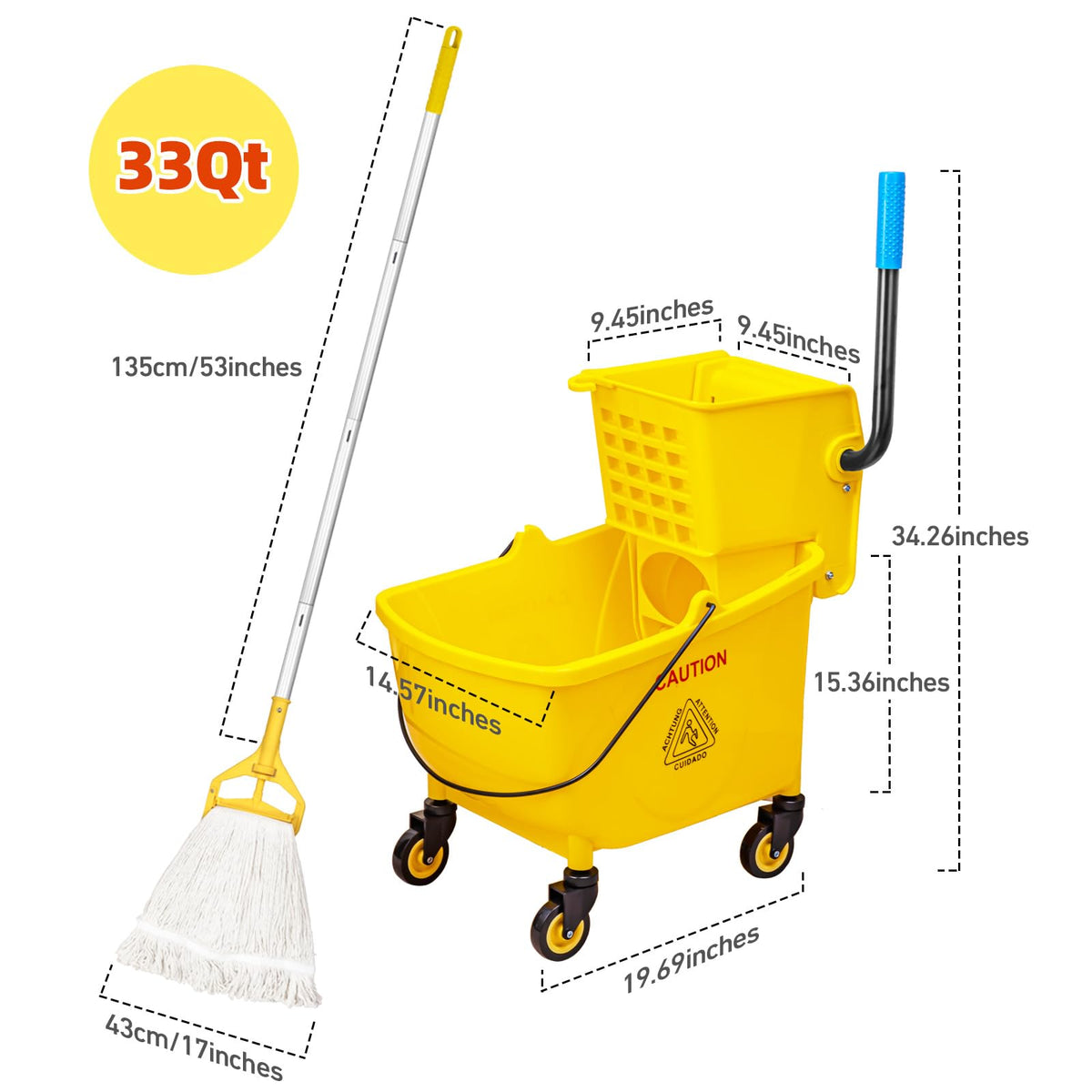 33 Qt Mop Bucket with Side-Press Wringer and Cotton Mop I718