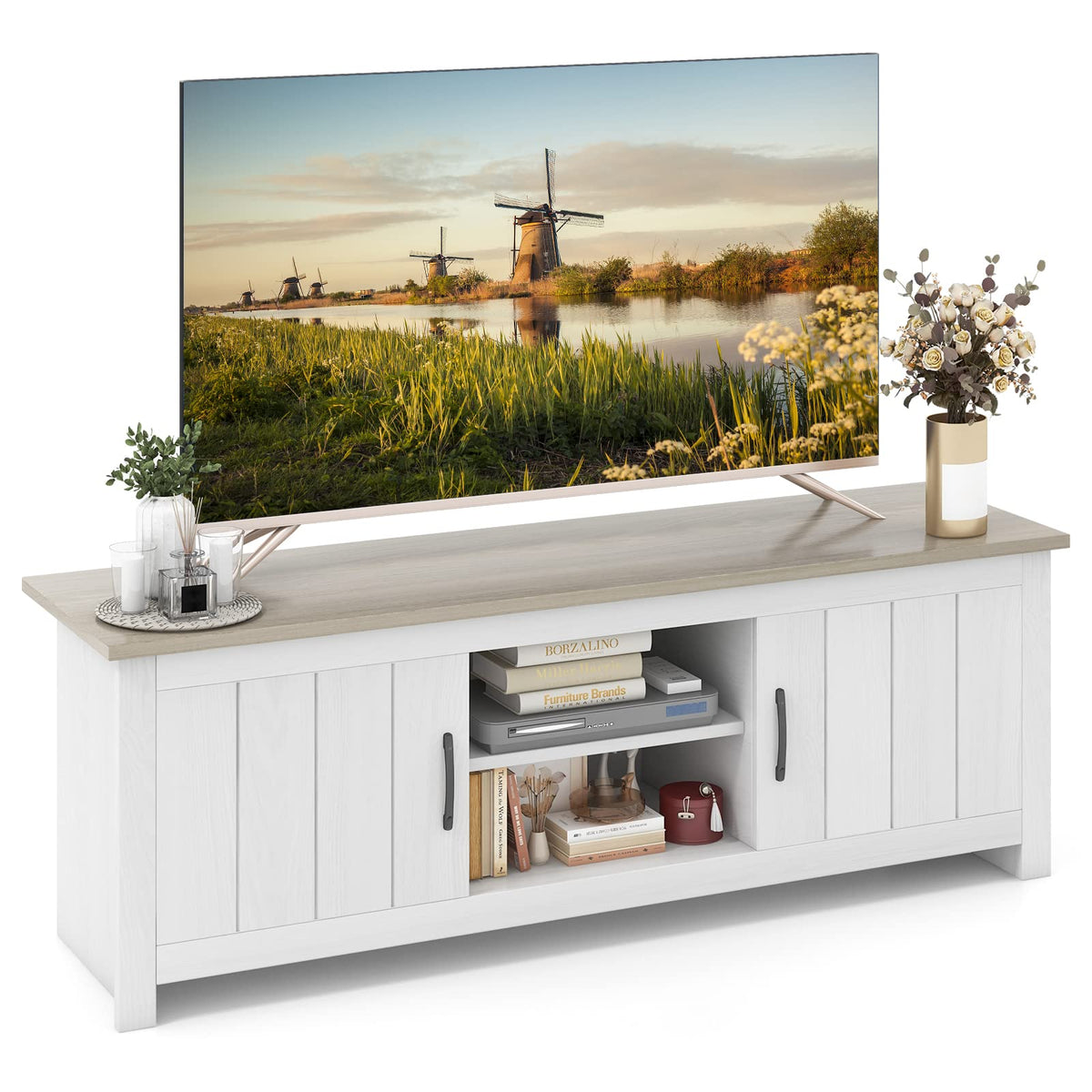 2 Doors TV Stand with 2 Cabinets & Open Shelves X648076