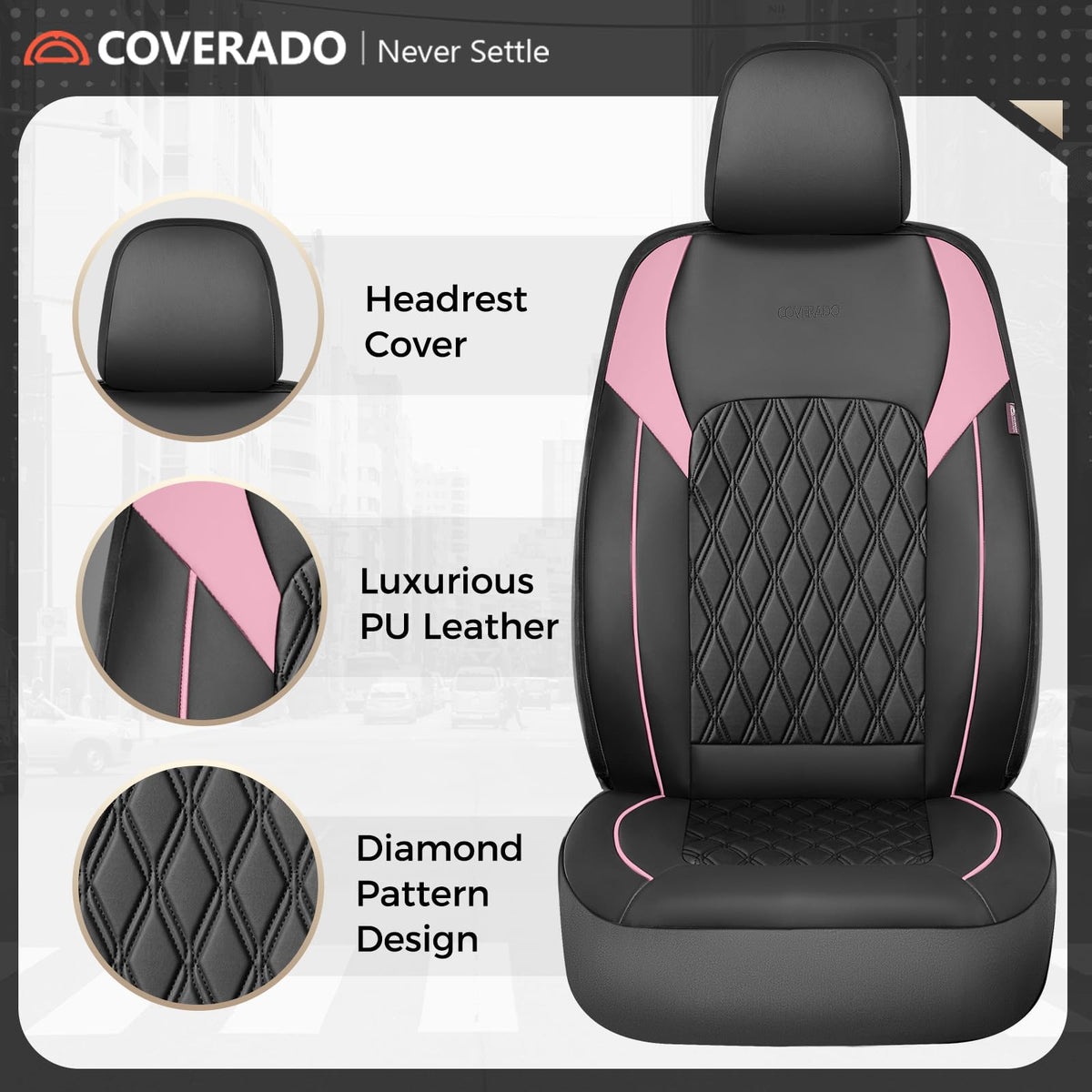 Black Pink Faux Leather Car Seat Covers Full Set O2526