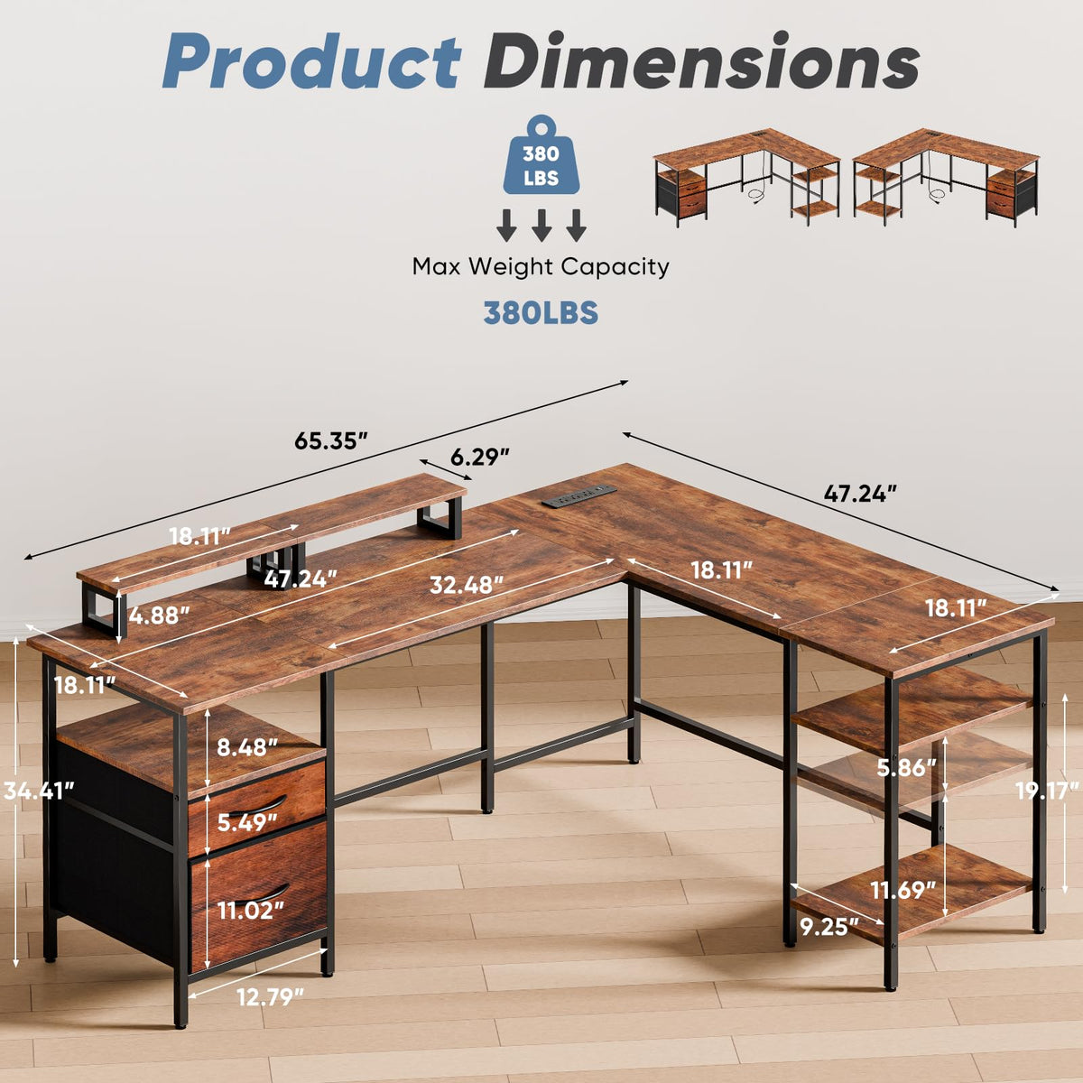 62 Inch L Shaped Computer Desk with Charging Station M84913