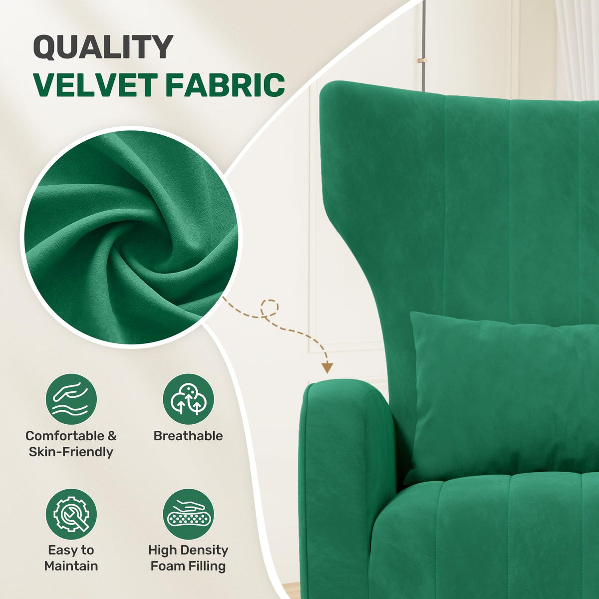 Velvet Accent Chairs Set of 2 High Back Armchair with Lumbar Pillow Green V50211