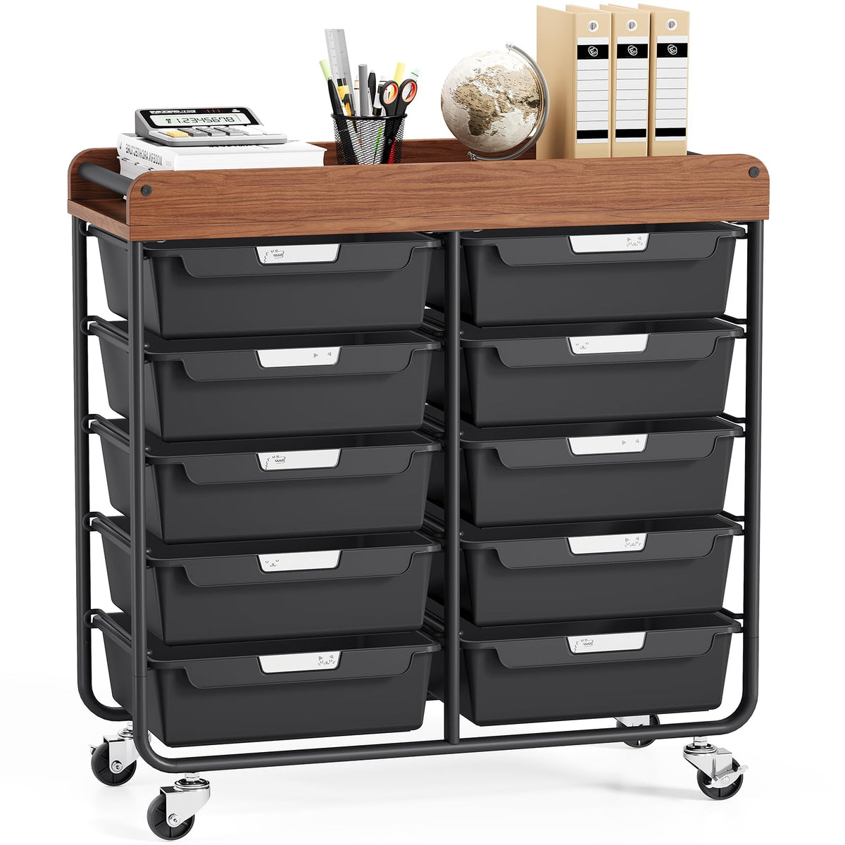 10 Drawer Rolling Storage Cart with Wooden Tabletop I299772