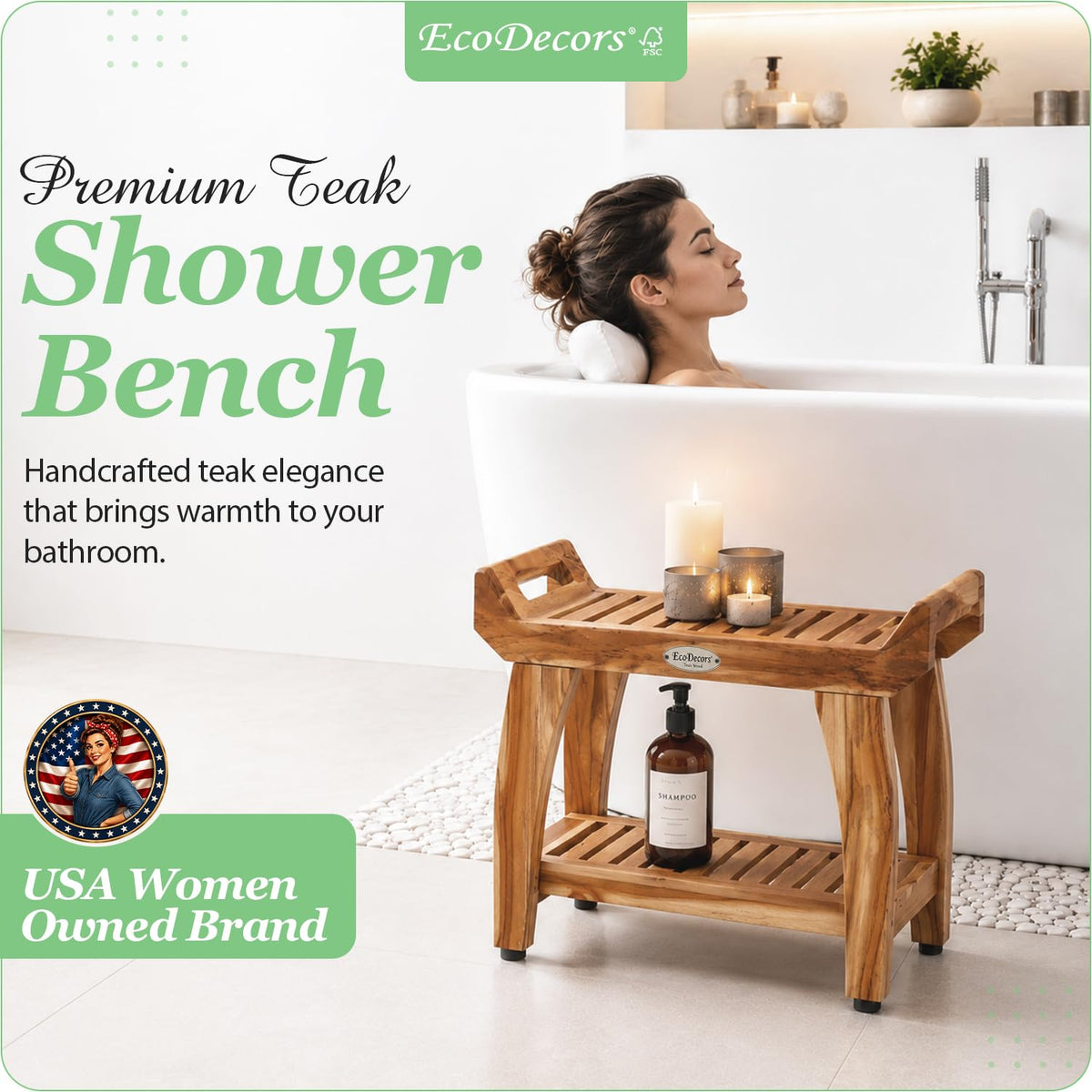 24" Teak Shower Bench with Arms & Storage Shelf V501