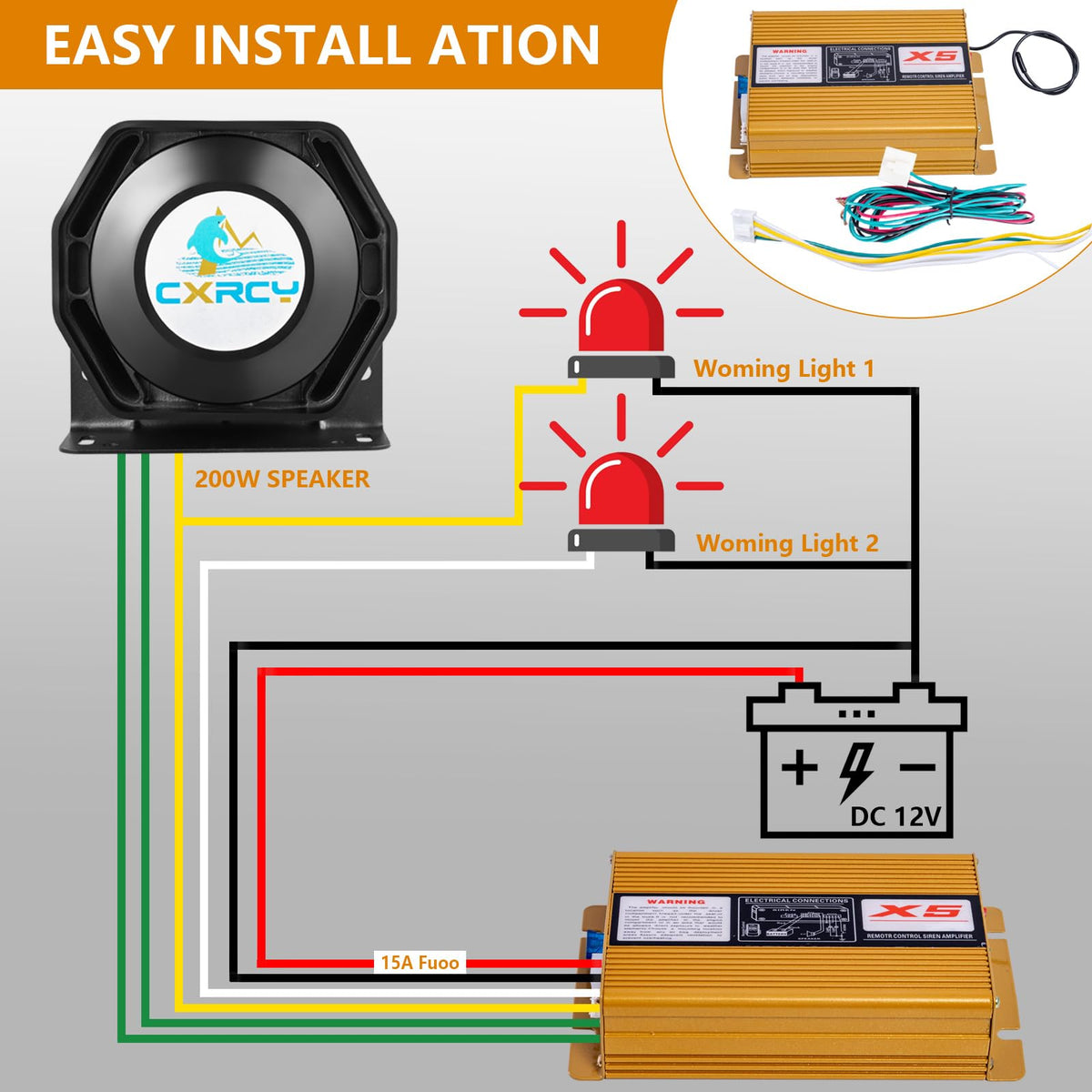 12V 200W Police Siren PA System with Wireless Mic E1303