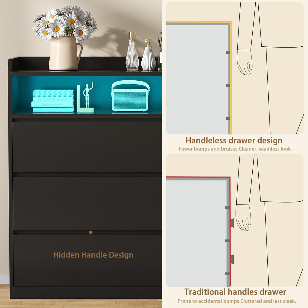 Black Dresser with LED Lights and Power Strip Y329811