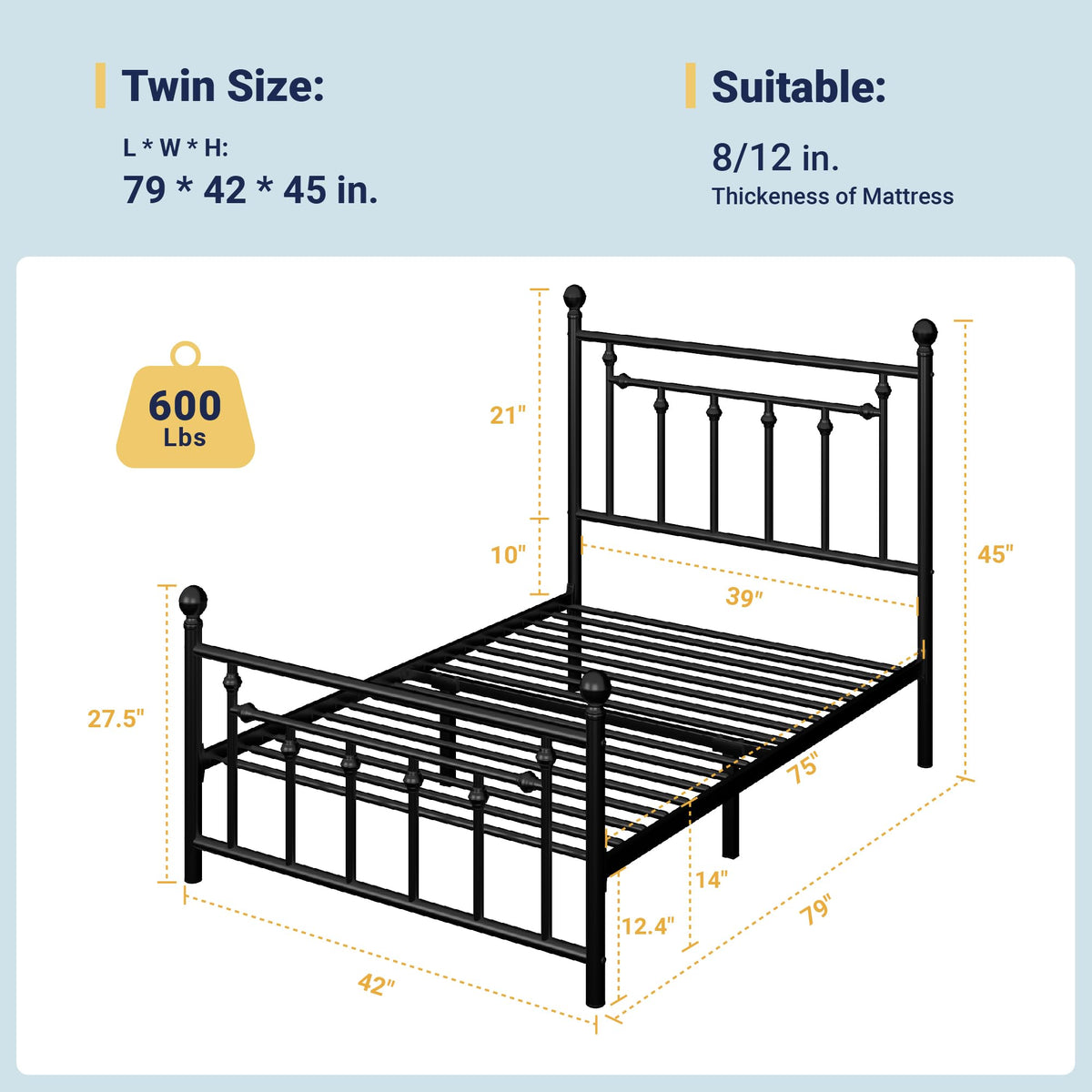 14'' Twin Size Black Metal Platform Bed Frame J3889