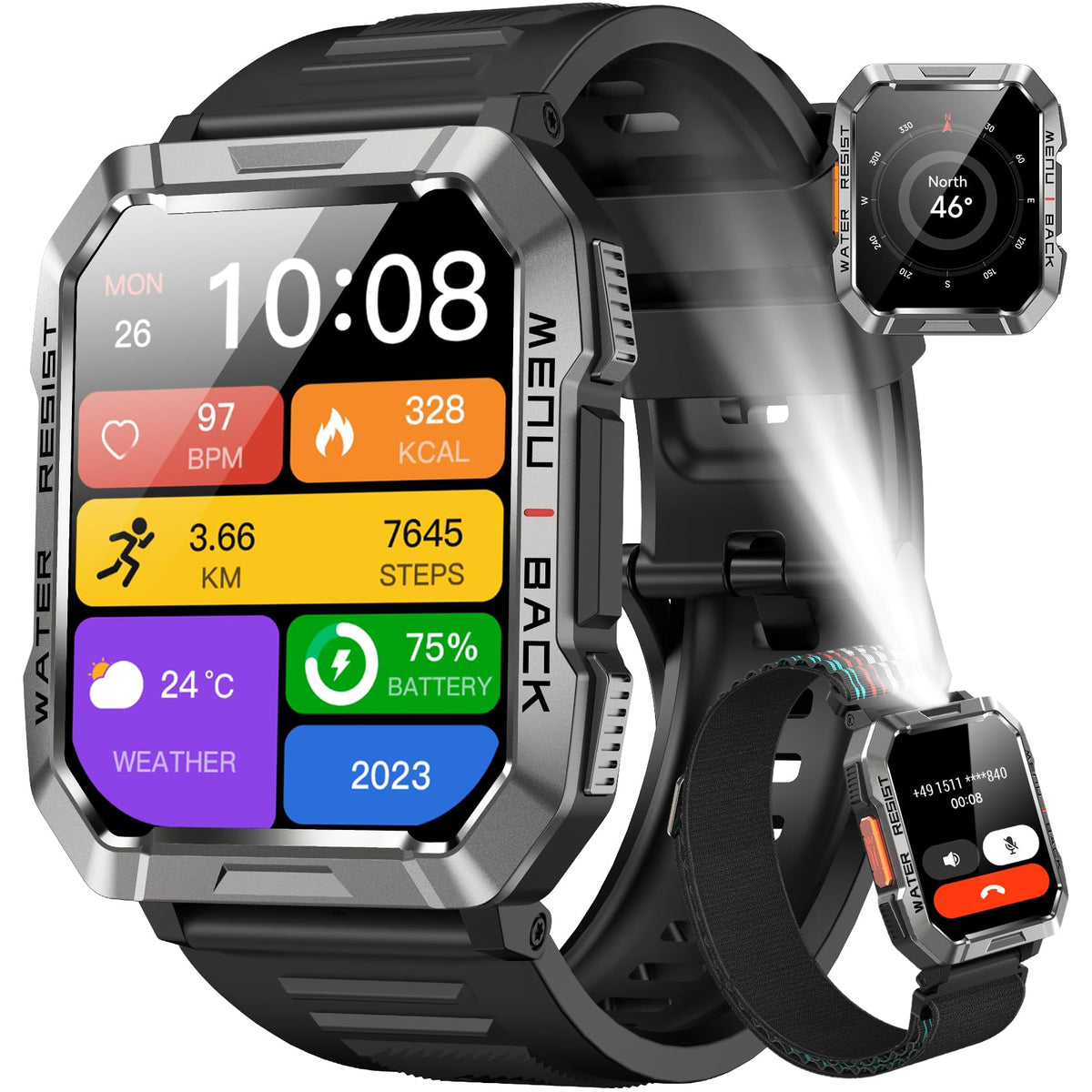 Smart Watch with Flashlight Compass Heart Rate SpO2 Sleep Monitor 2 Straps D3603