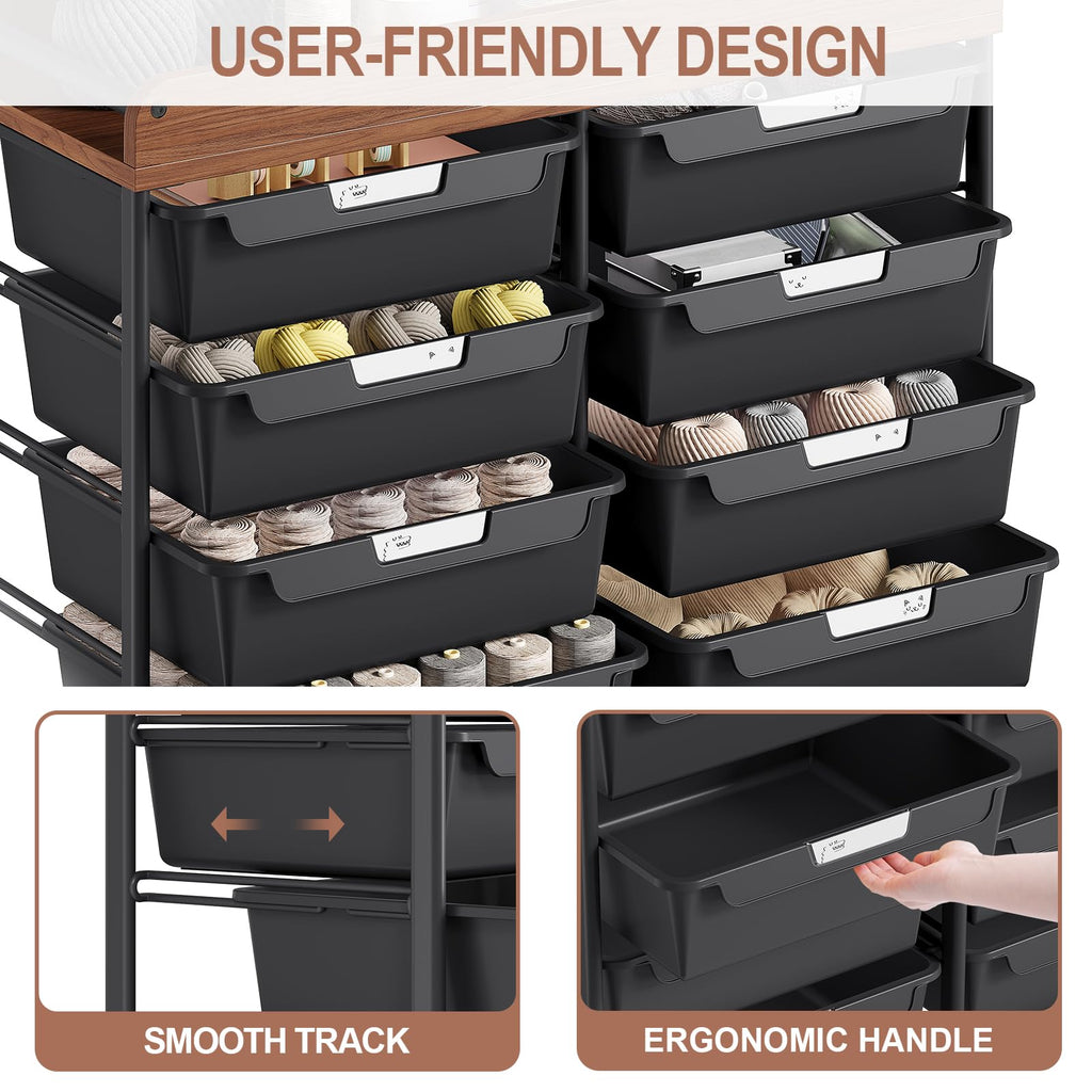 10 Drawer Rolling Storage Cart with Wooden Tabletop I299772