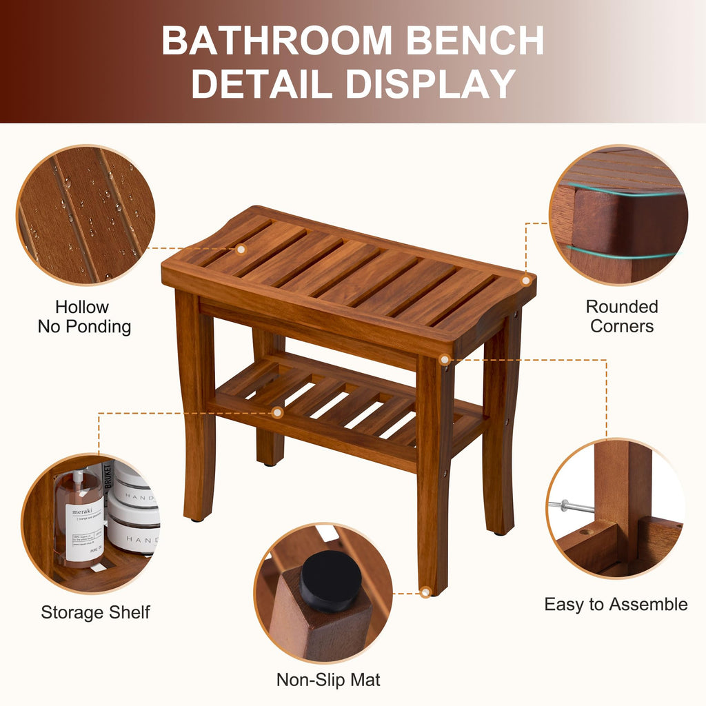 Teak Shower Bench Stool with Storage Shelf I625