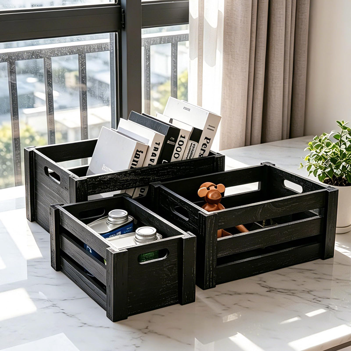 Set of 3 Nesting Wooden Crates with Handles U594167