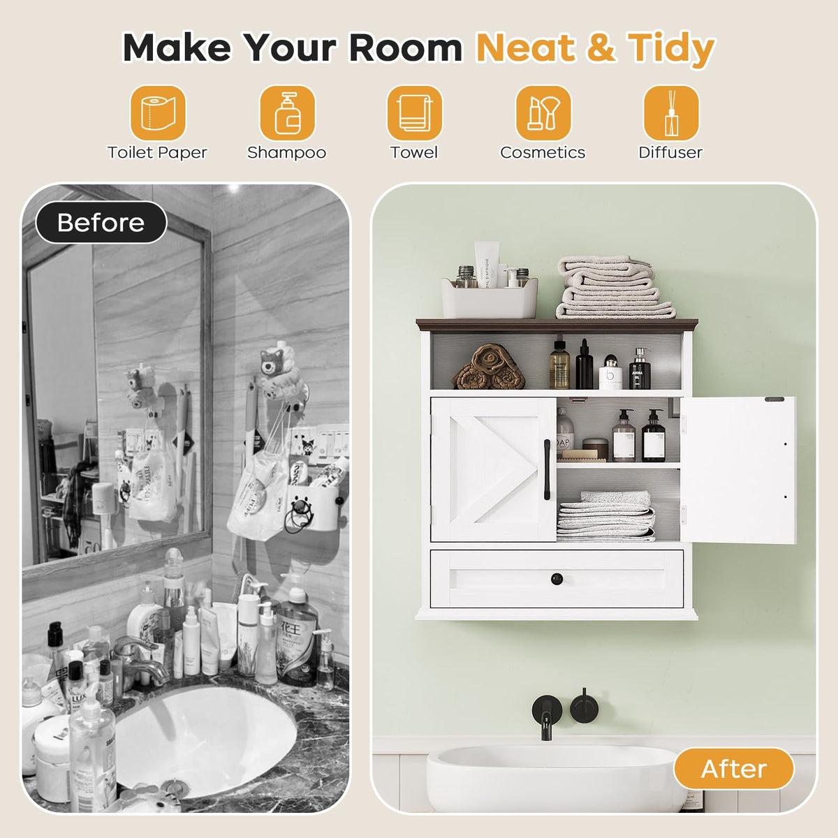 Wall Mounted Bathroom Cabinet 24.4"H x 23.6"W x 9"D V6669