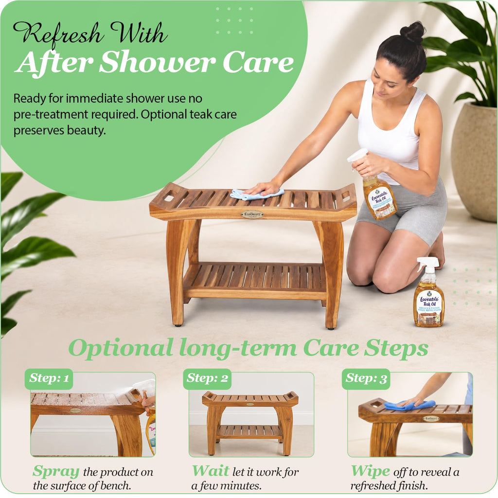 24" Teak Shower Bench with Arms & Storage Shelf V501