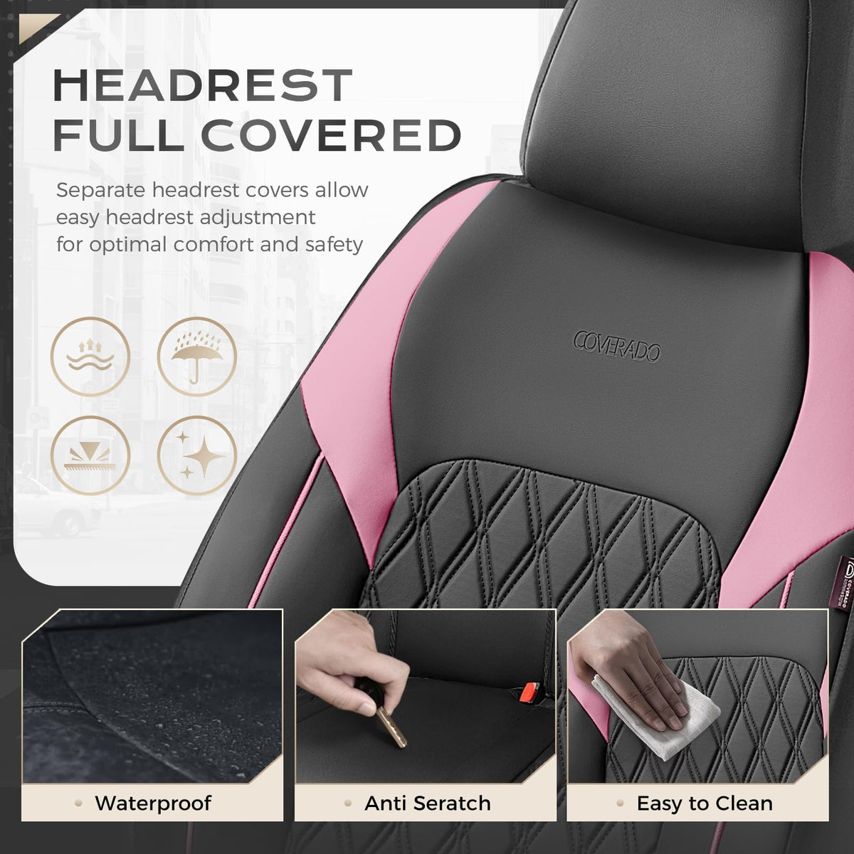 Black Pink Faux Leather Car Seat Covers Full Set O2526