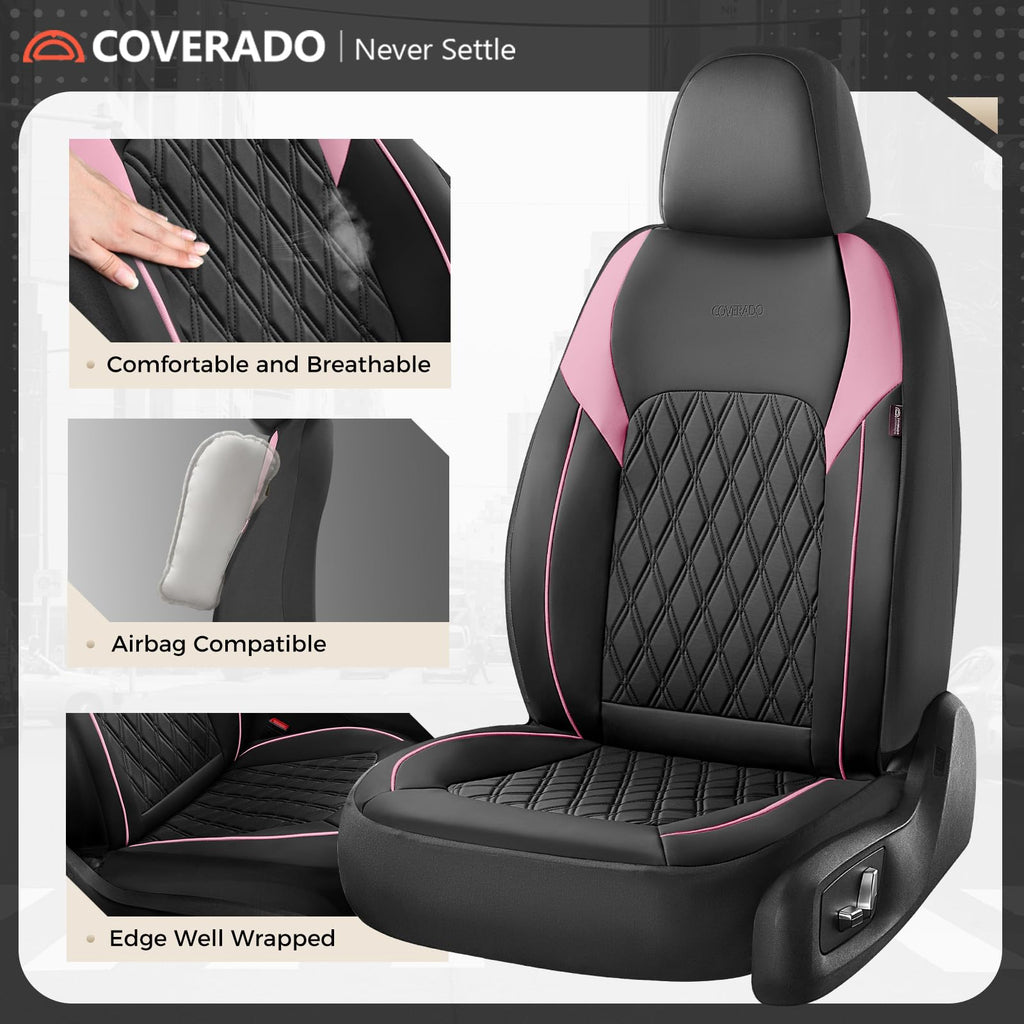 Black Pink Faux Leather Car Seat Covers Full Set O2526