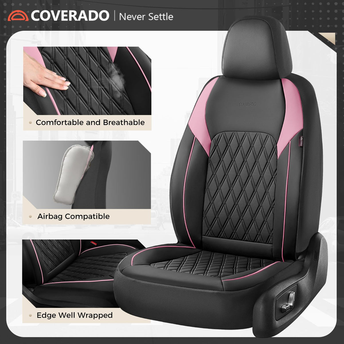 Black Pink Faux Leather Car Seat Covers Full Set O2526