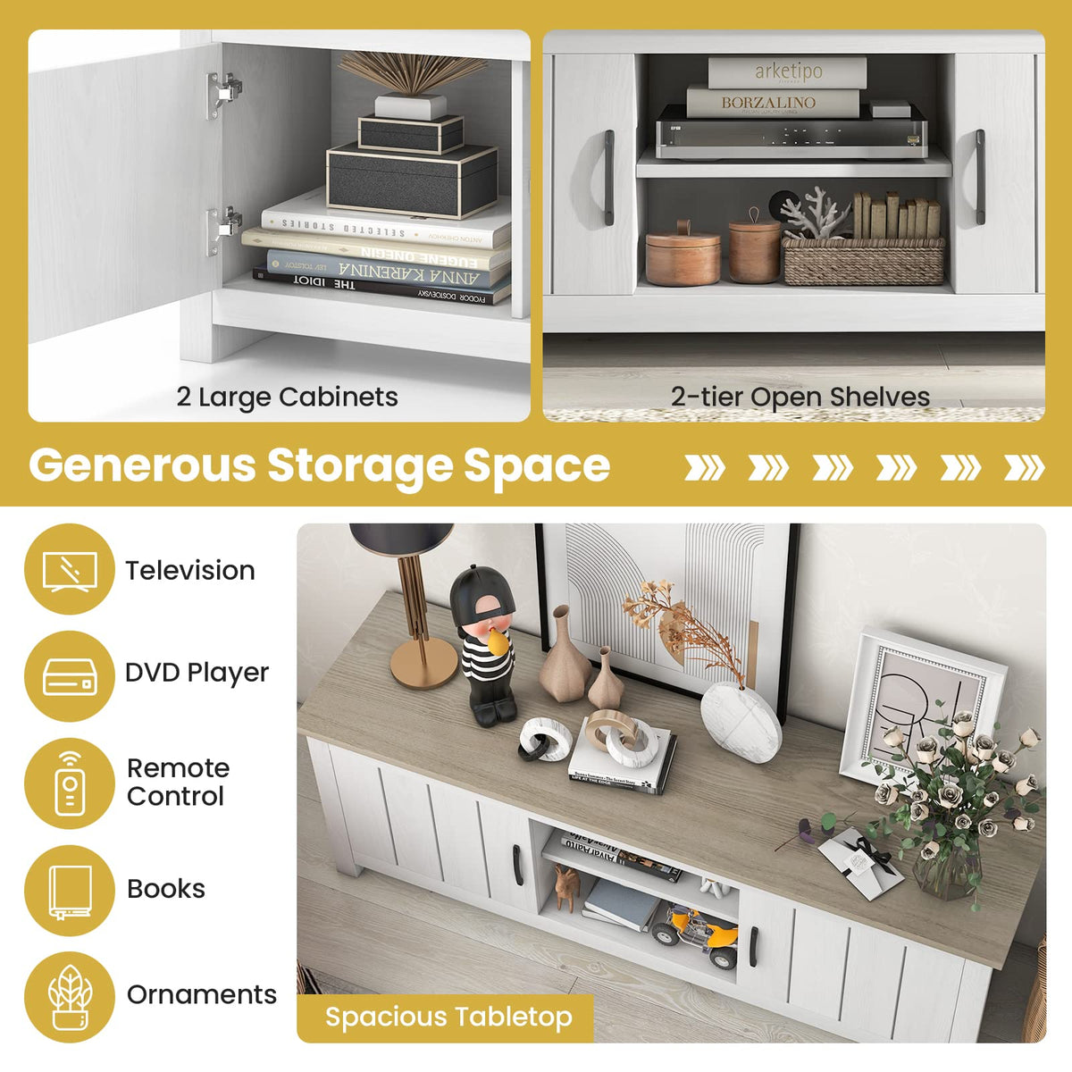 2 Doors TV Stand with 2 Cabinets & Open Shelves X648076