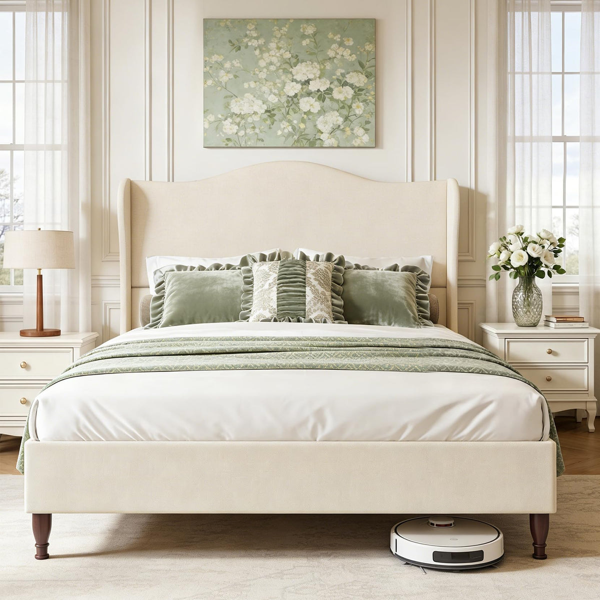 Queen Size Fabric Upholstered Platform Bed with Wooden Slats M737328