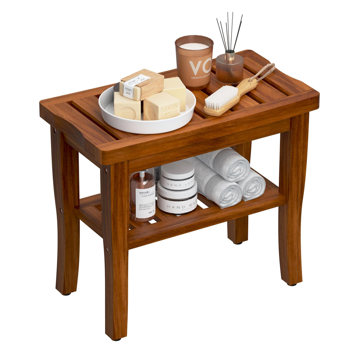 Teak Shower Bench Stool with Storage Shelf I625