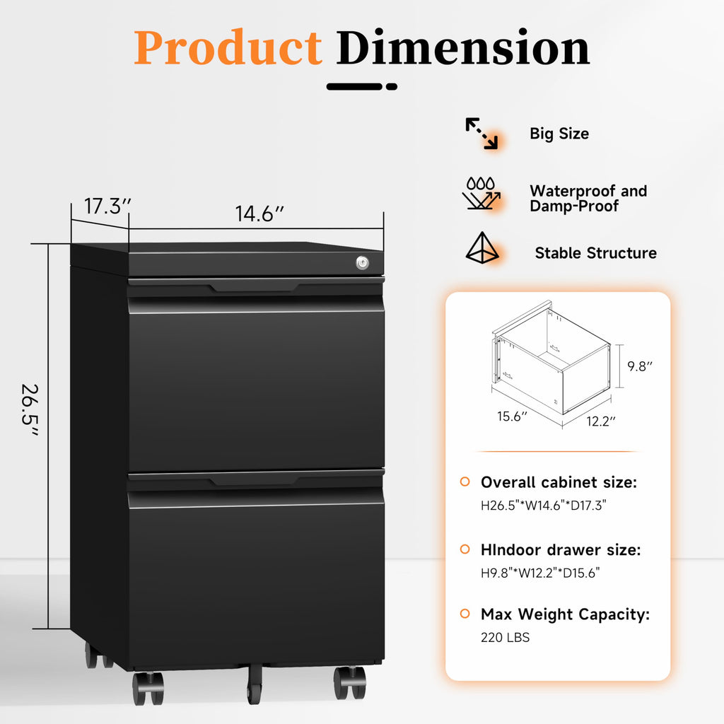 2 Drawer Black File Cabinet with Lock N22970