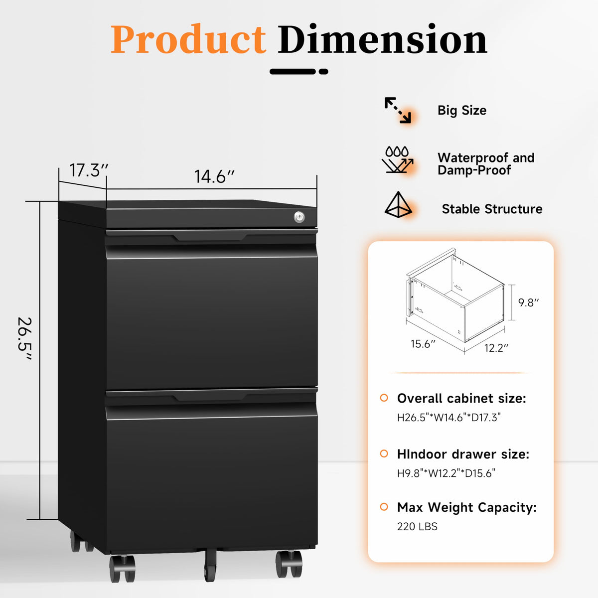 2 Drawer Black File Cabinet with Lock N22970