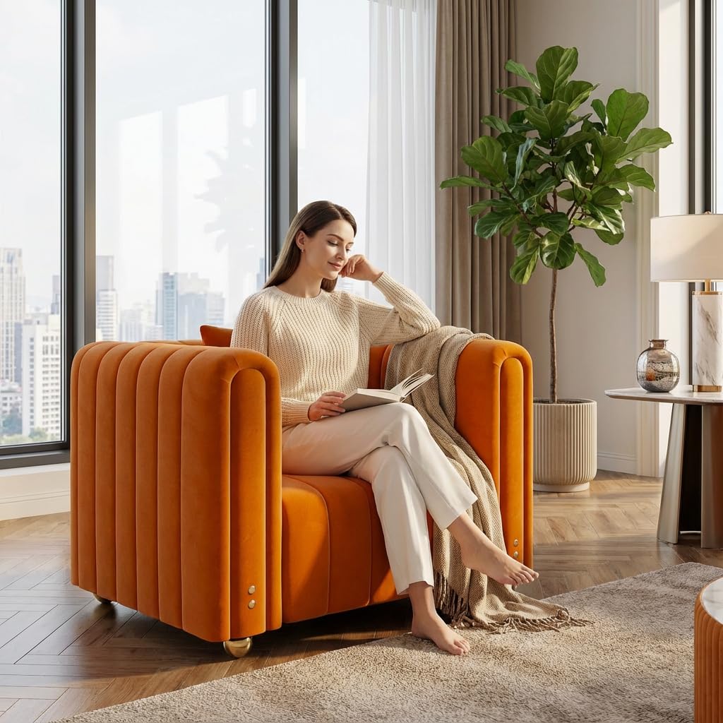 40" Orange Velvet Accent Chair with Gold Metal Legs K2054