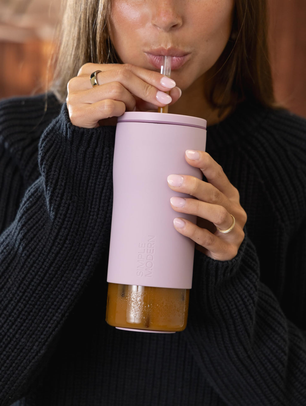 Glass Iced Coffee Cup with Straw Lid 20oz Beige V630311