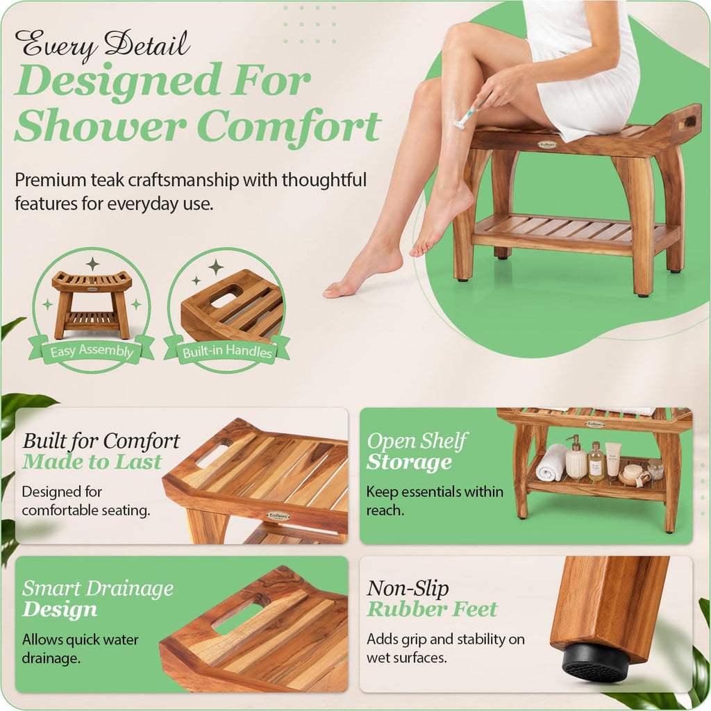 24" Teak Shower Bench with Arms & Storage Shelf V501