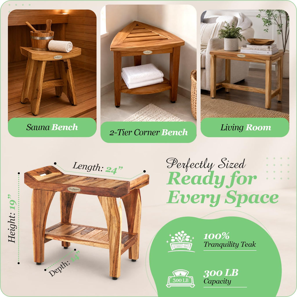 24" Teak Shower Bench with Arms & Storage Shelf V501