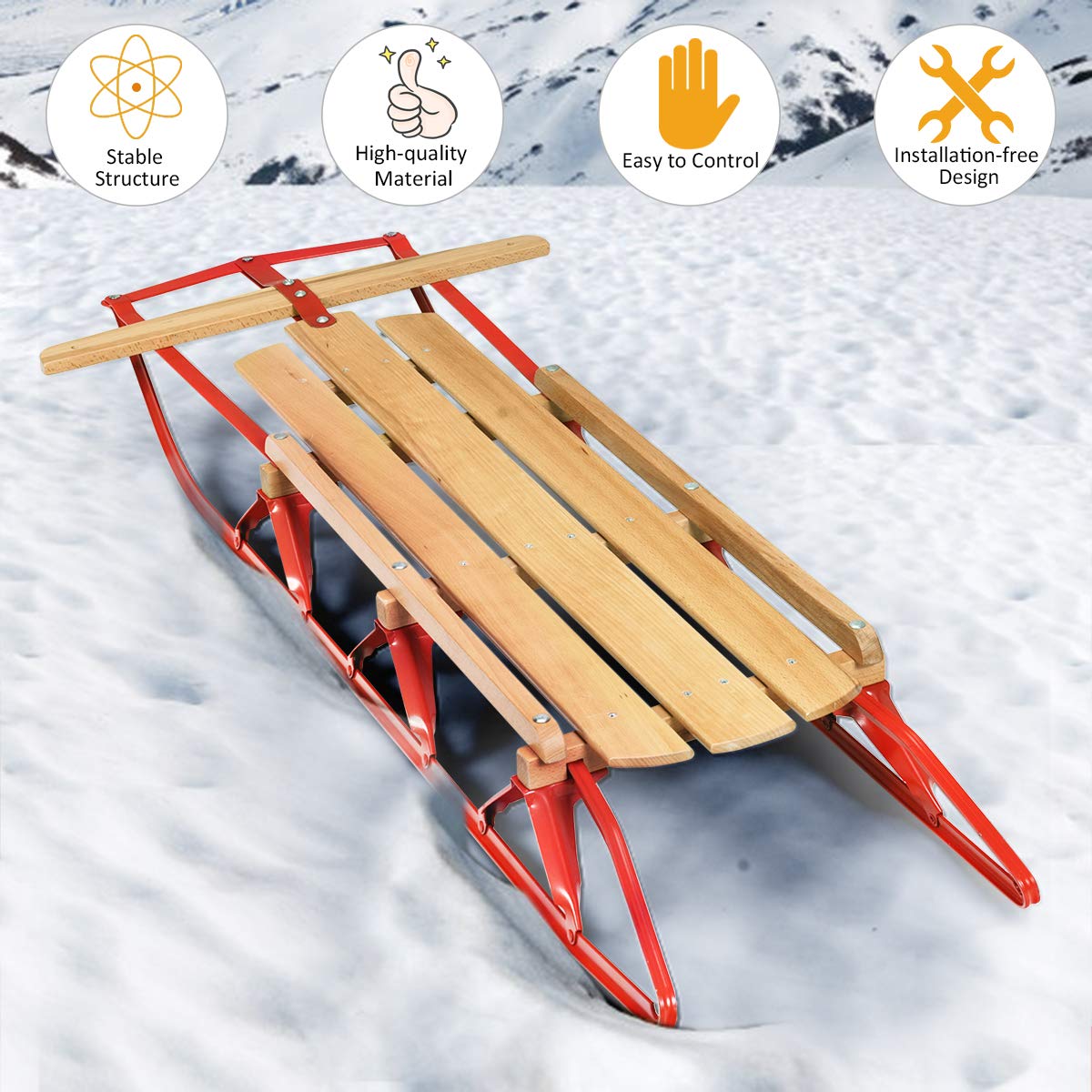 Wood Sled with Metal Runners and Steering Bar R44218