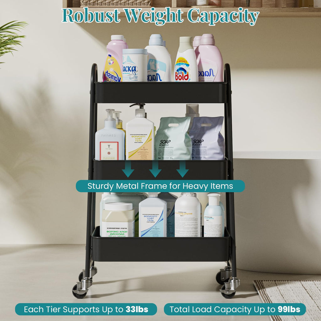 3-Tier Metal Rolling Utility Cart with Lockable Wheels T885