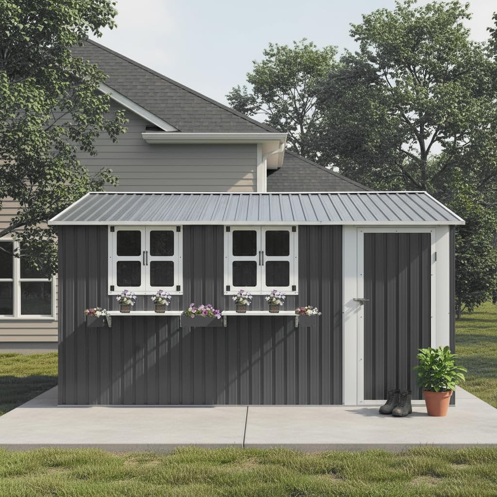 12x10 FT Grey Metal Storage Shed with Clear Windows E289
