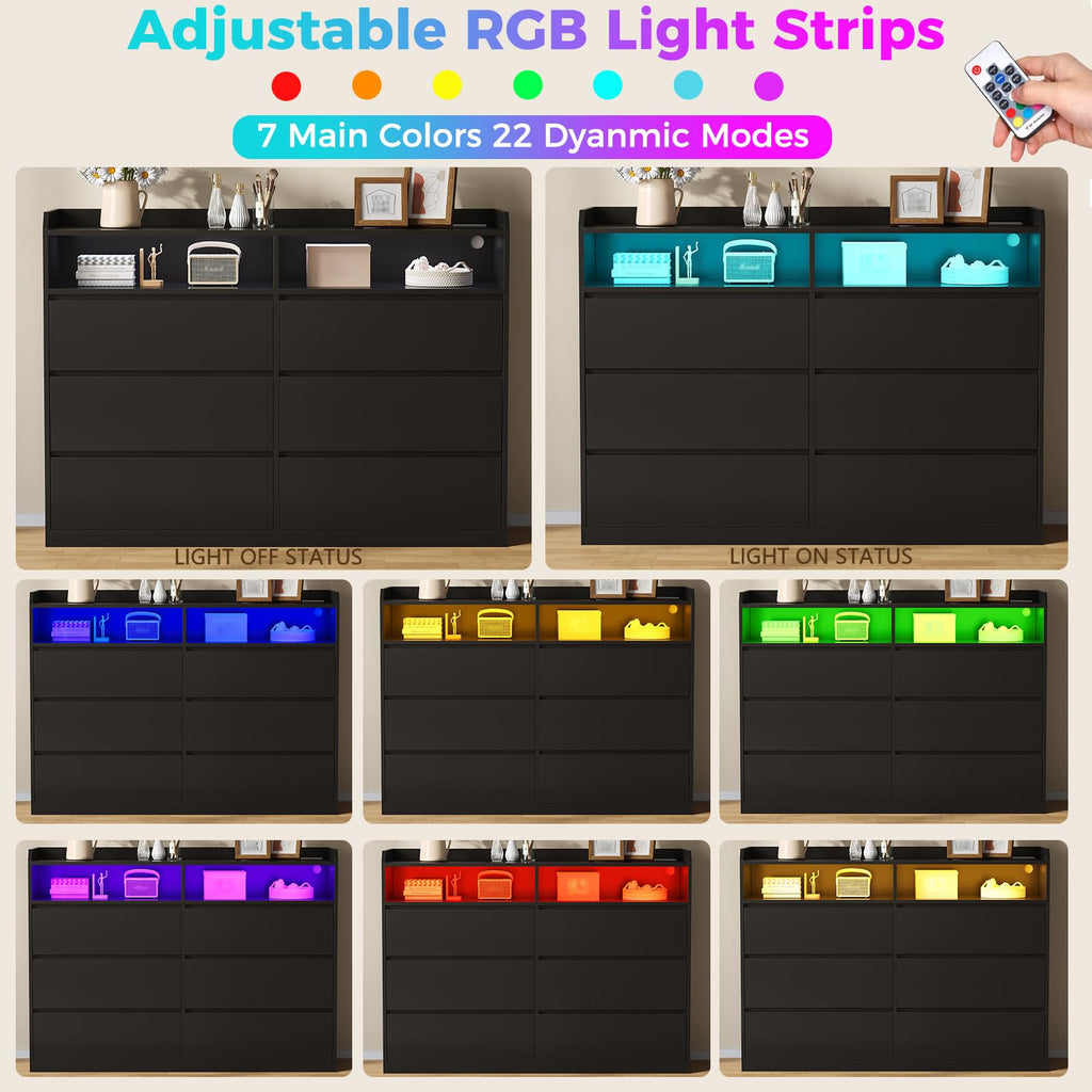 Black Dresser with LED Lights and Power Strip Y329811