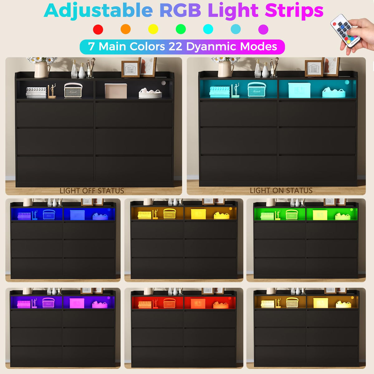 Black Dresser with LED Lights and Power Strip Y329811