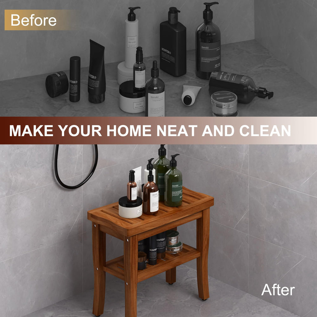 Teak Shower Bench Stool with Storage Shelf I625
